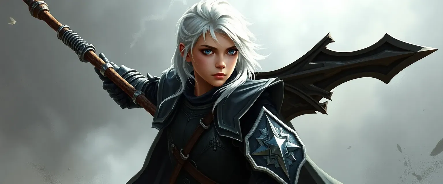 Young paladin with silk-white hair, wielding a polearm, clad in gothic armor.