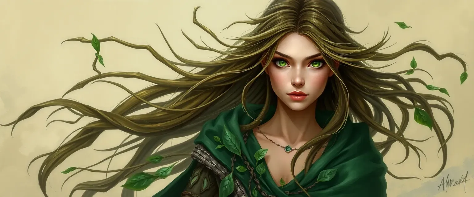 Young woman with flowing green-brown hair, emerald eyes, and bark-like skin, wearing a robe of living vines and leaves.