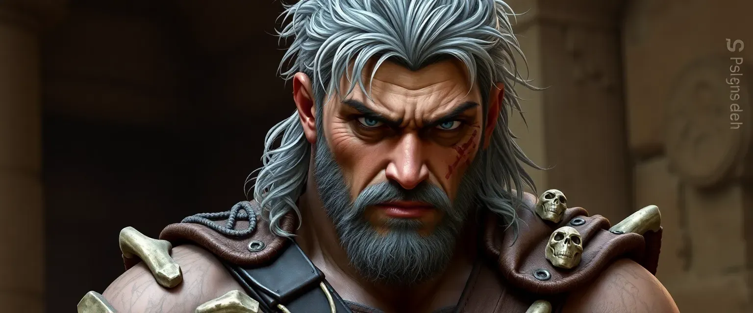 Late 30s gladiator with gray-streaked hair, scarred, muscular; wears bone-adorned leather armor.