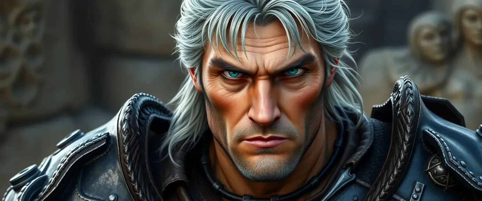 A weathered commander in his late forties with gray-streaked hair, piercing blue eyes, and muscular build, wearing legionary armor.