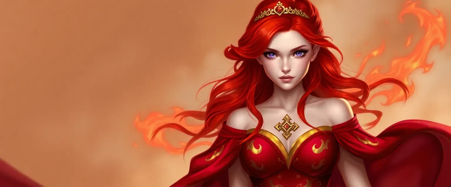 Young woman with fiery red hair and violet eyes, wearing a flowing crimson gown with golden flame patterns and a golden tiara.