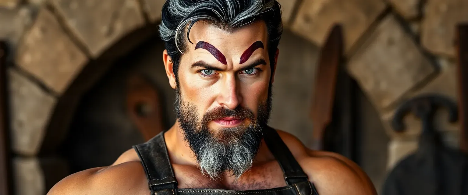 A muscular medieval blacksmith in his late thirties with black hair, gray streaks, a beard, and a scar across his forehead, wearing a leather apron.