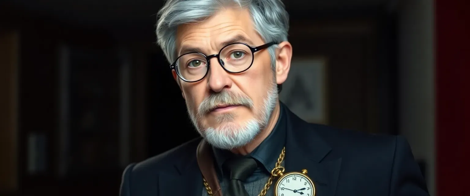 A 58-year-old man with graying hair and round spectacles, wearing a well-tailored suit and carrying a pocket watch.