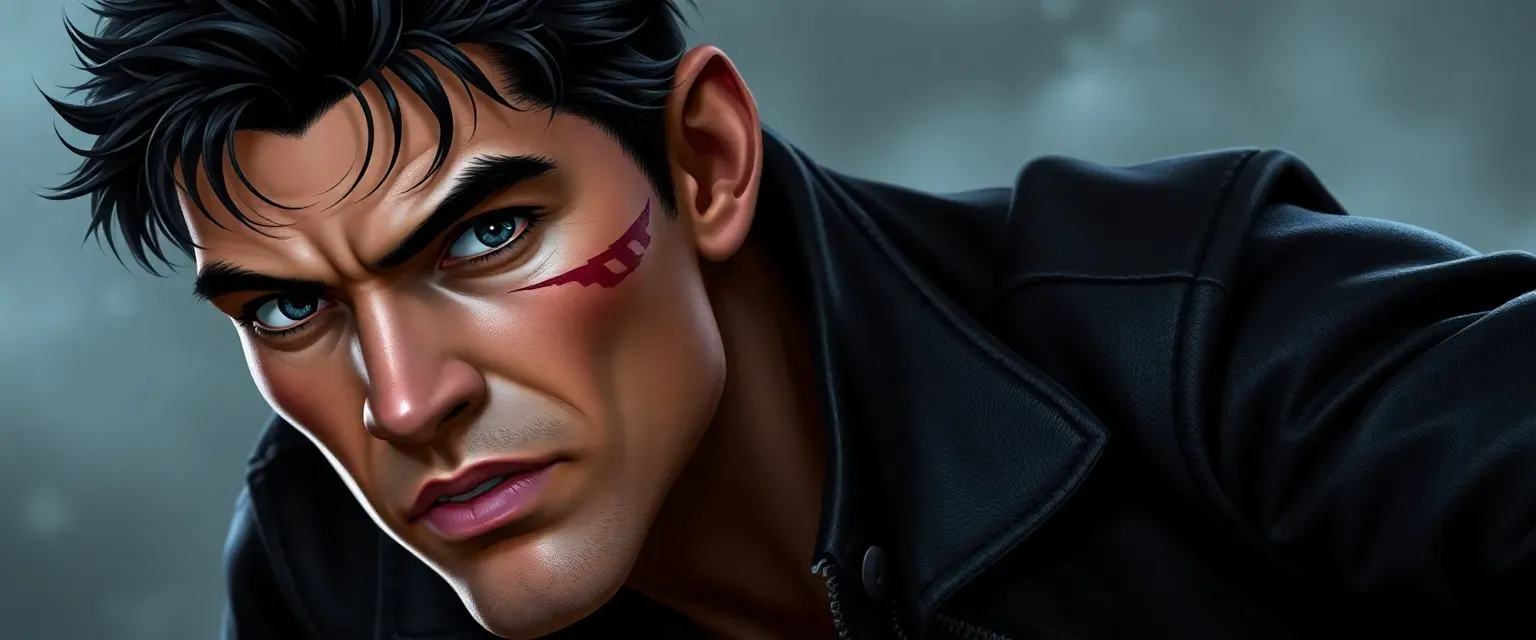 Man in his early 30s, dark hair, gray eyes, lean, scar on left cheek, wearing a leather jacket and boots.