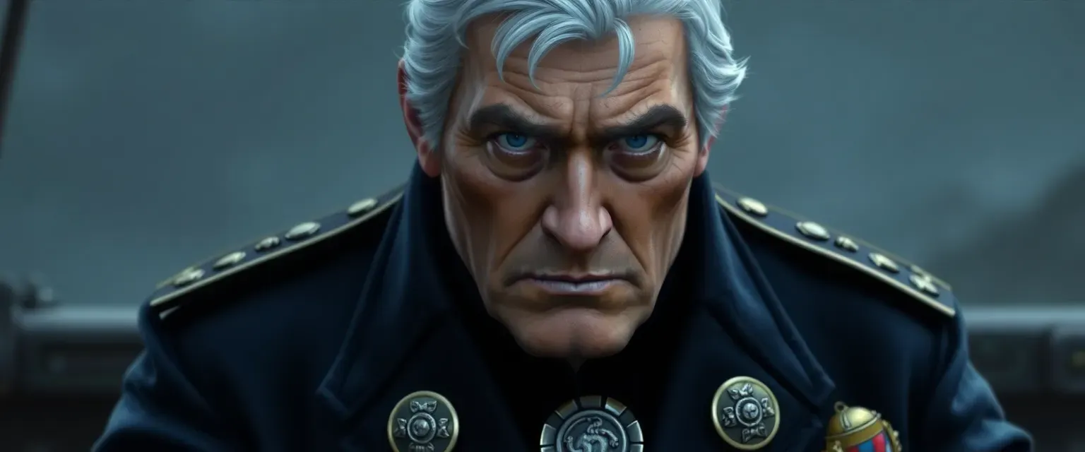 A seasoned Imperial Navy captain with gray hair, blue eyes, and a scar-laden face, wearing a dark blue uniform with medals.