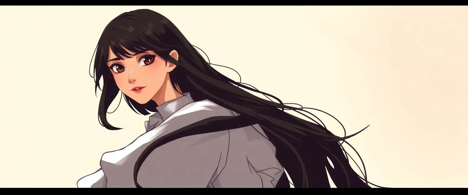 18-year-old Lina with long dark hair and brown eyes, often in a blouse and skirt, shy yet intelligent.