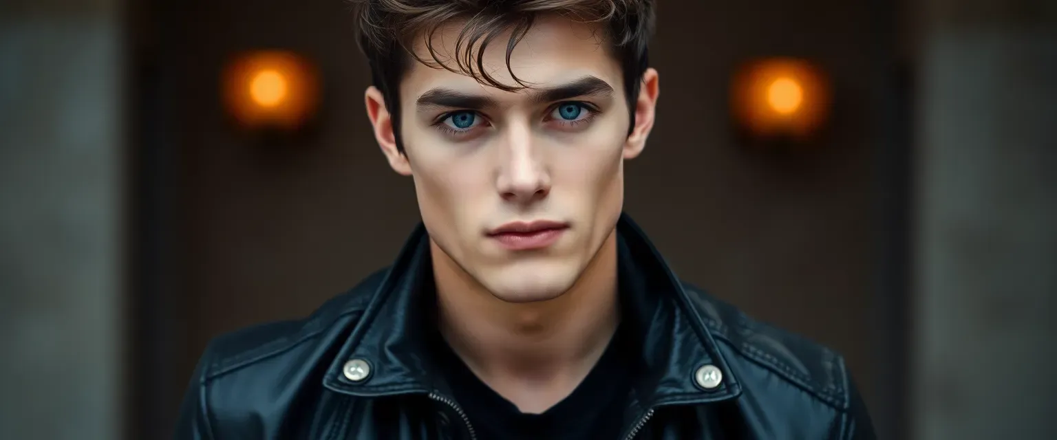 22-year-old Sanguine vampire, handsome with piercing blue eyes, athletic build, wears modern black leather jacket and dark jeans.