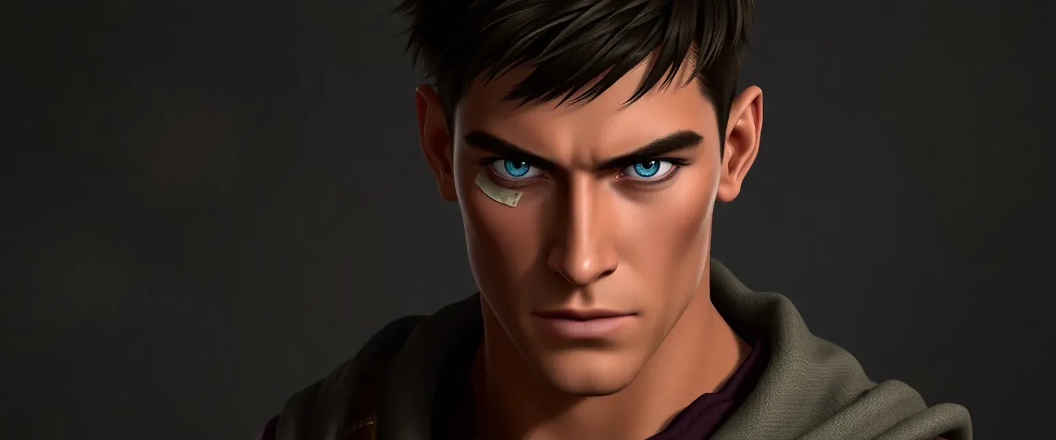 Tall, muscular human male with short dark brown hair, piercing blue eyes, and a battle scar on his left cheek, dressed in practical leather and linen.