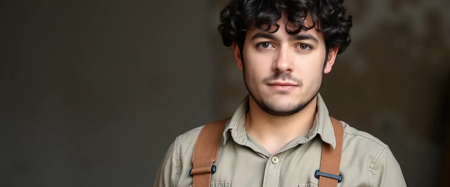 Mid-thirties man with dark, curly hair and deep-set eyes, wearing a faded shirt, sturdy trousers, and a tool belt.