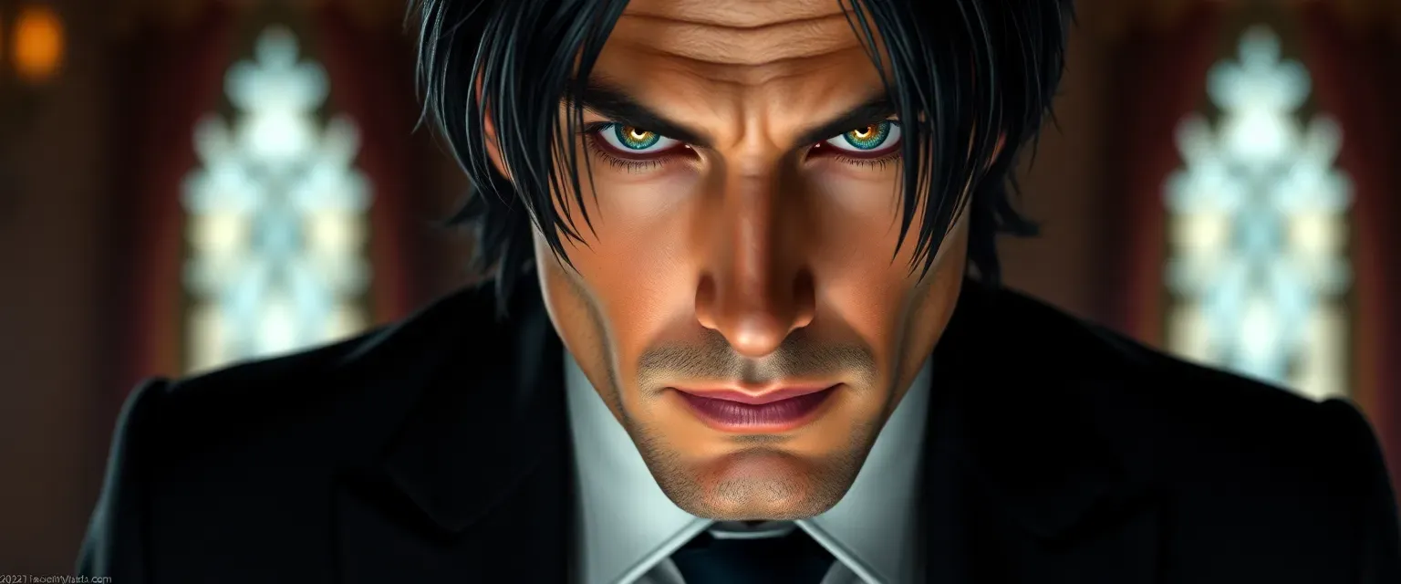 Dark-haired man in a tailored suit, piercing eyes shifting colors, calm demeanor.