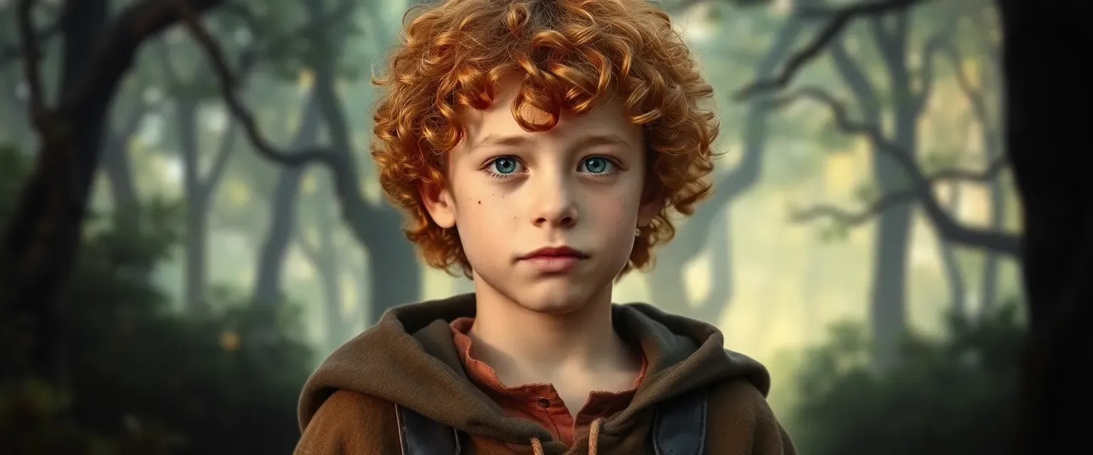13-year-old boy with curly red-blond hair, freckled, in earth-toned shirt and medieval cloak, in a magical forest.