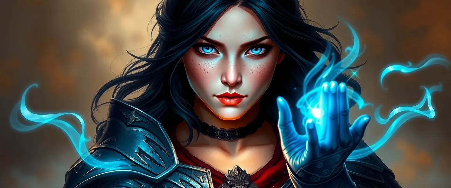 Young, dark-haired woman with piercing blue eyes, wearing a regal gown over armor, hands glowing with magic.