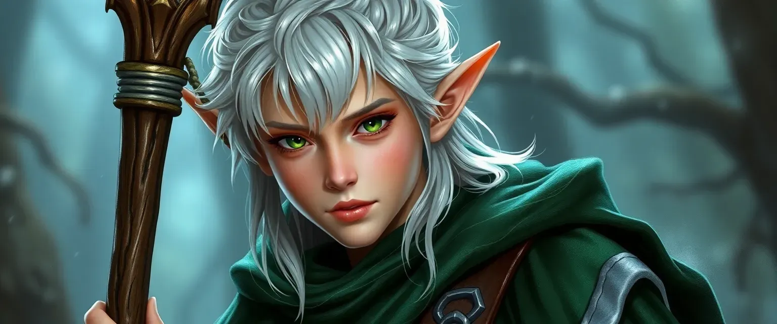 Young high elf prince with silver hair and green eyes, wearing forest green and silver robes, carrying an oak staff.