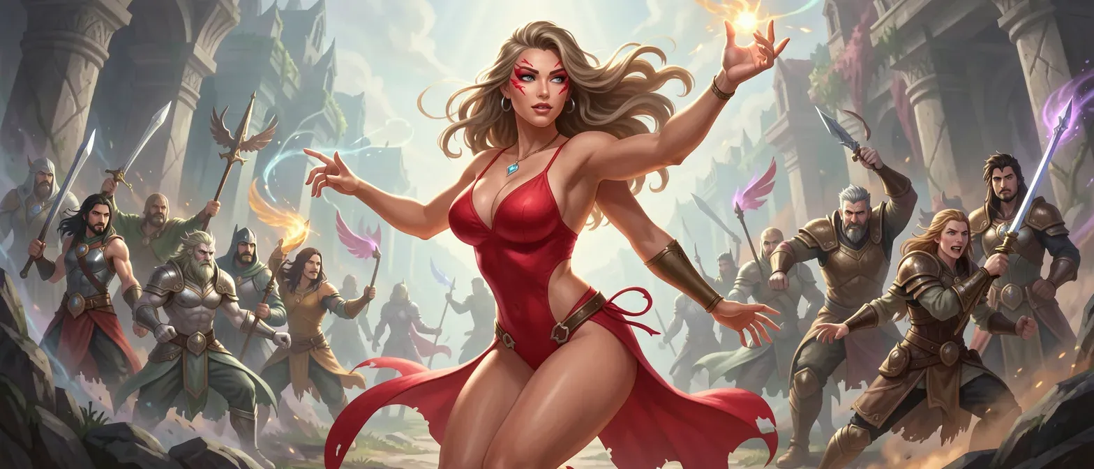 Beautiful 32-year-old Aasimar sorceress with slightly tanned skin, dirty-blond wavy hair, grey eyes, red winged-eye makeup, wearing red swimwear, voluptuous curves, ethereal glow.