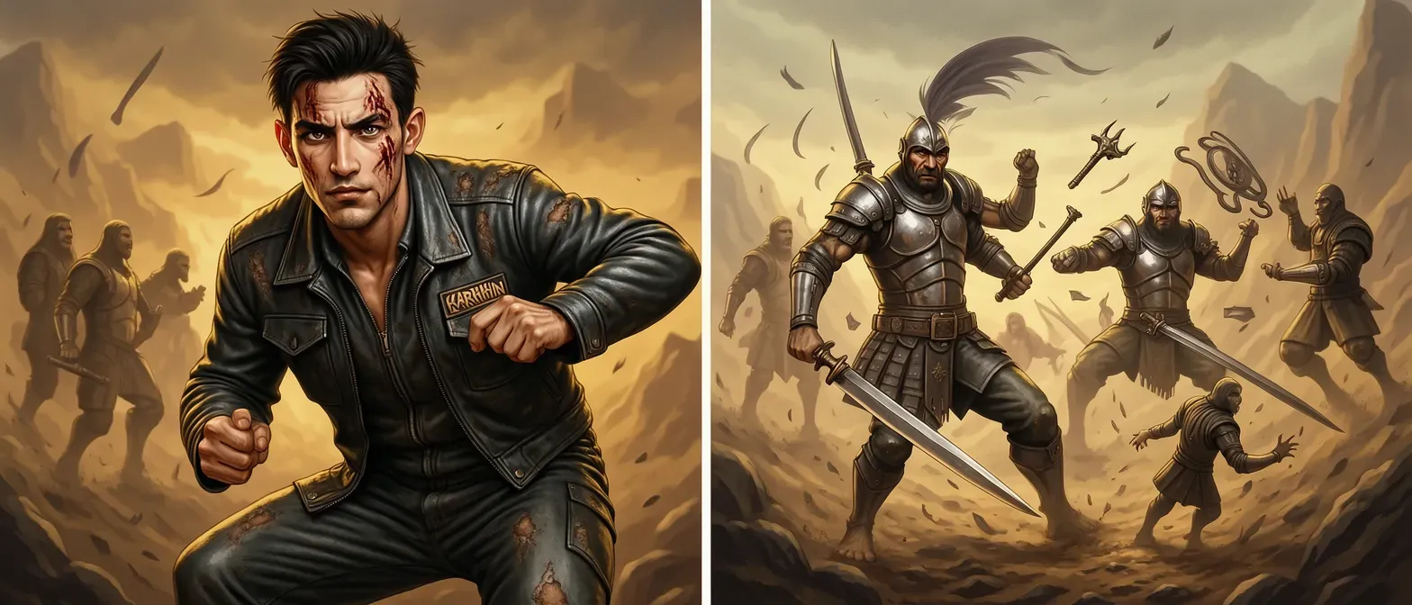 Lean, wiry 28-year-old man with scarred face, short dark hair, hazel eyes, wearing scuffed leather jacket and jumpsuit with Karrakin insignia, rugged frontier survivor look.