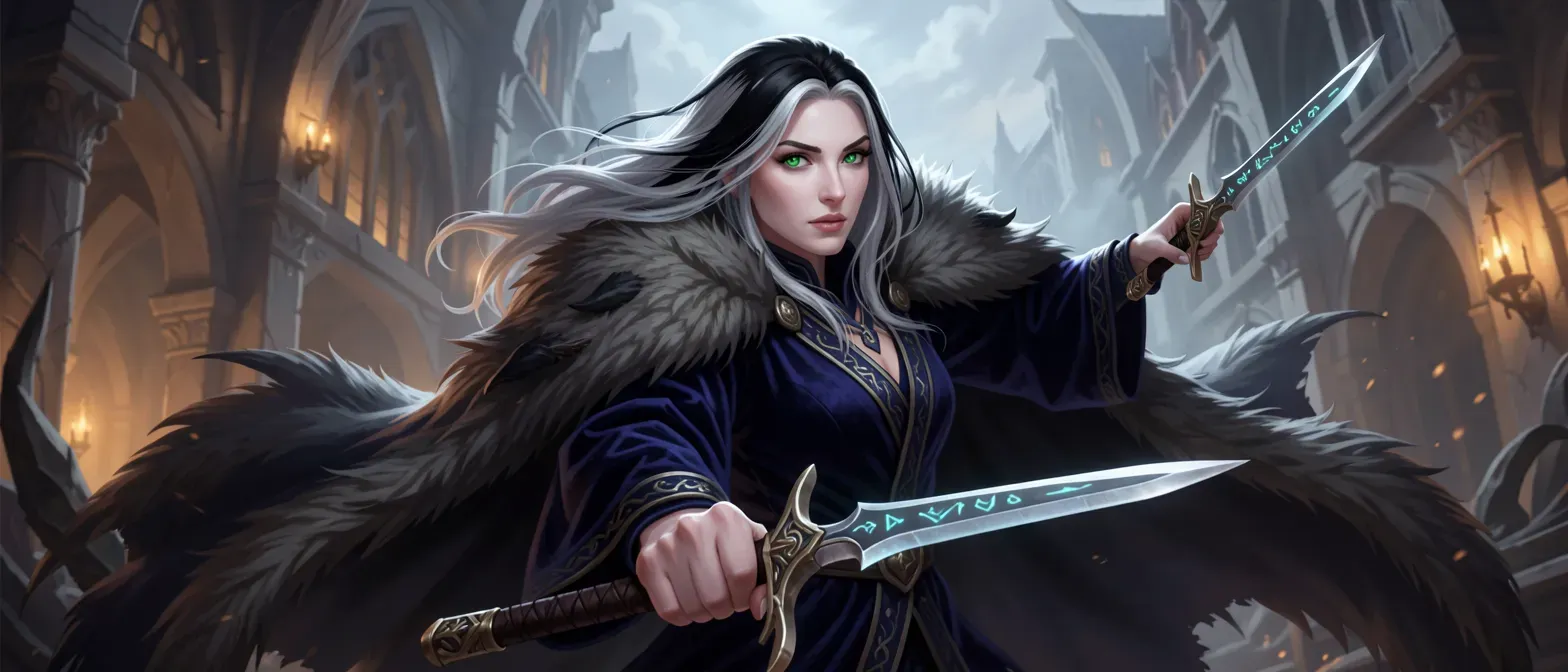 27-year-old pale woman with raven hair streaked silver, emerald eyes, in midnight-blue velvet robes and wolf fur cloak, holding a rune dagger.