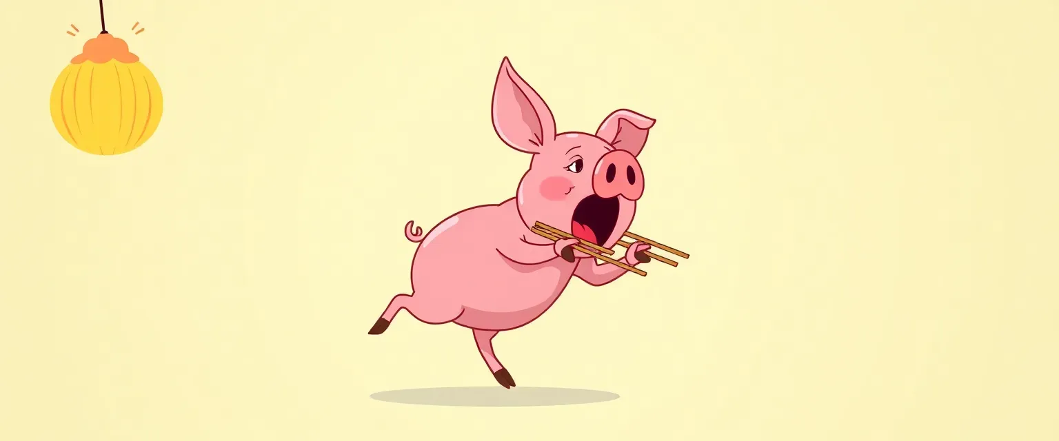 A vibrant pink cartoon pig using chopsticks in all four trotters to walk, often seen screaming in concentration.