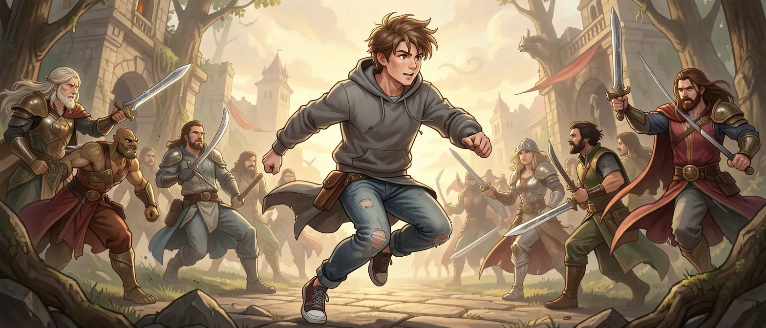 Lean, athletic 20-year-old with sun-bleached brown hair, hazel eyes, freckles; wearing faded jeans, gray hoodie, and sneakers; wiry build from running.