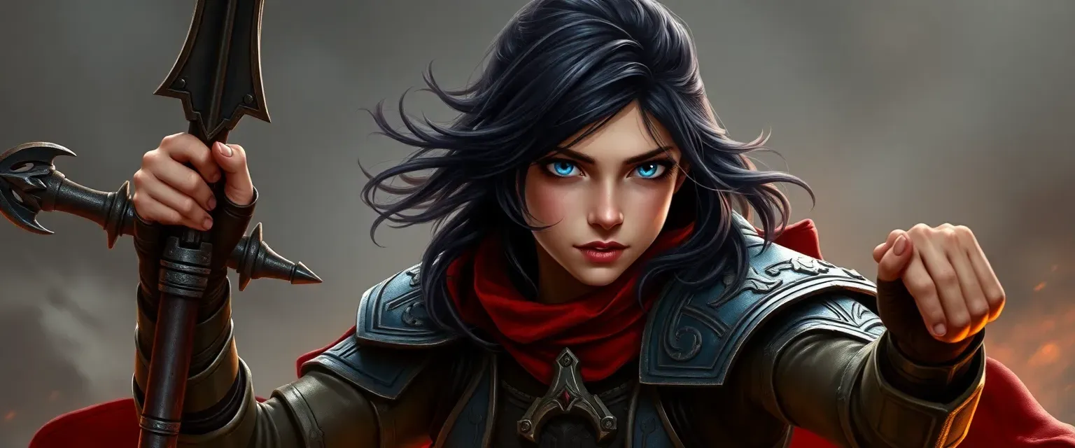 Young female paladin in gothic armor with dark hair and blue eyes, wielding a polearm.