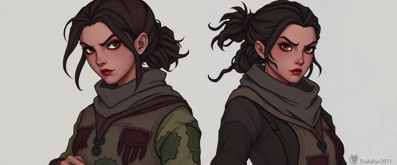 Two sisters in patched dresses and scarves, one with a scowl and sharp eyes, the other with a sneer and strong build.
