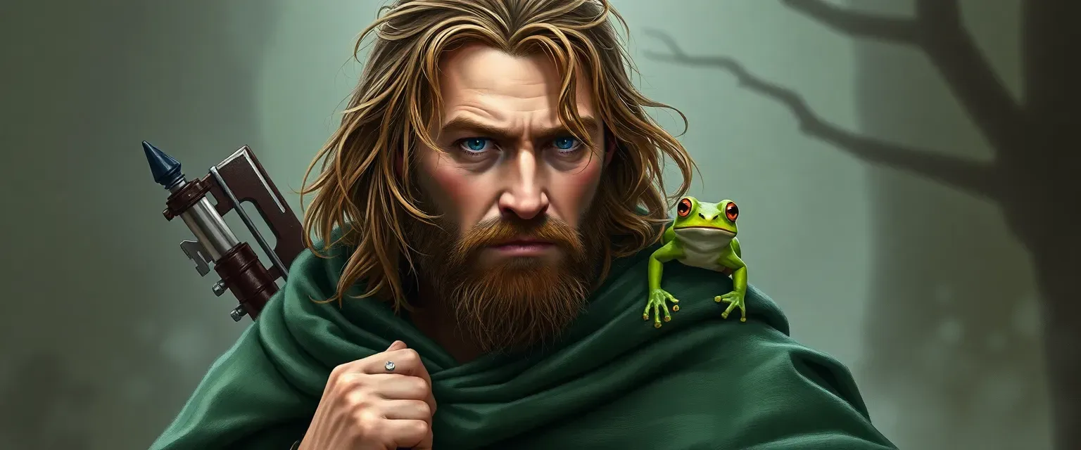 Mid-thirties man with rugged charm, long unkempt hair, wearing a forest green cloak, carrying a longbow and a tiny pet frog on his shoulder.