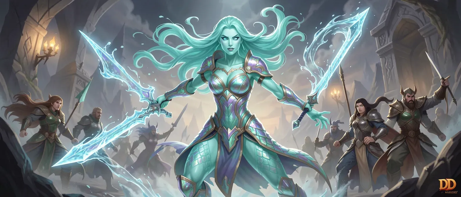 A ethereal water elemental swordswoman in her apparent thirties, with aquamarine skin, flowing liquid hair, iridescent scale armor, and a rippling mercury blade, eyes like ocean depths.