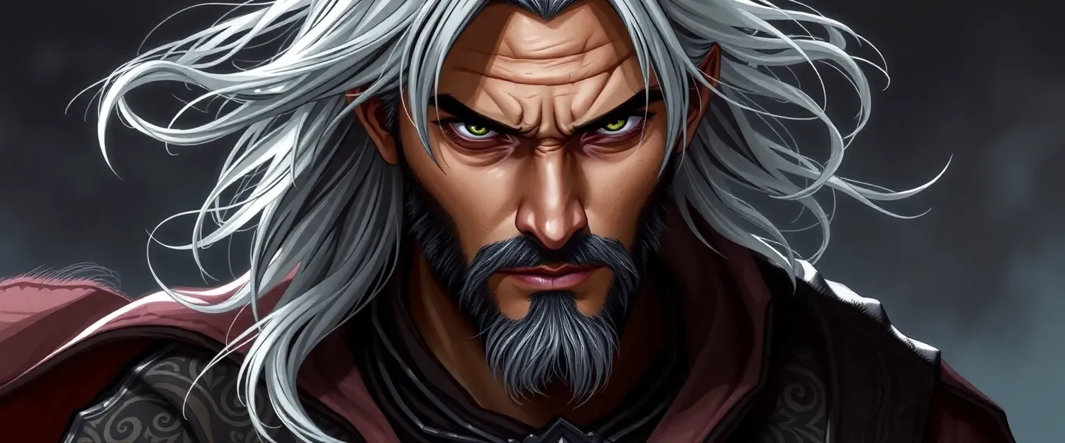 A man in his late forties with silver-streaked hair, sharp eyes, and flowing robes adorned with intricate patterns.