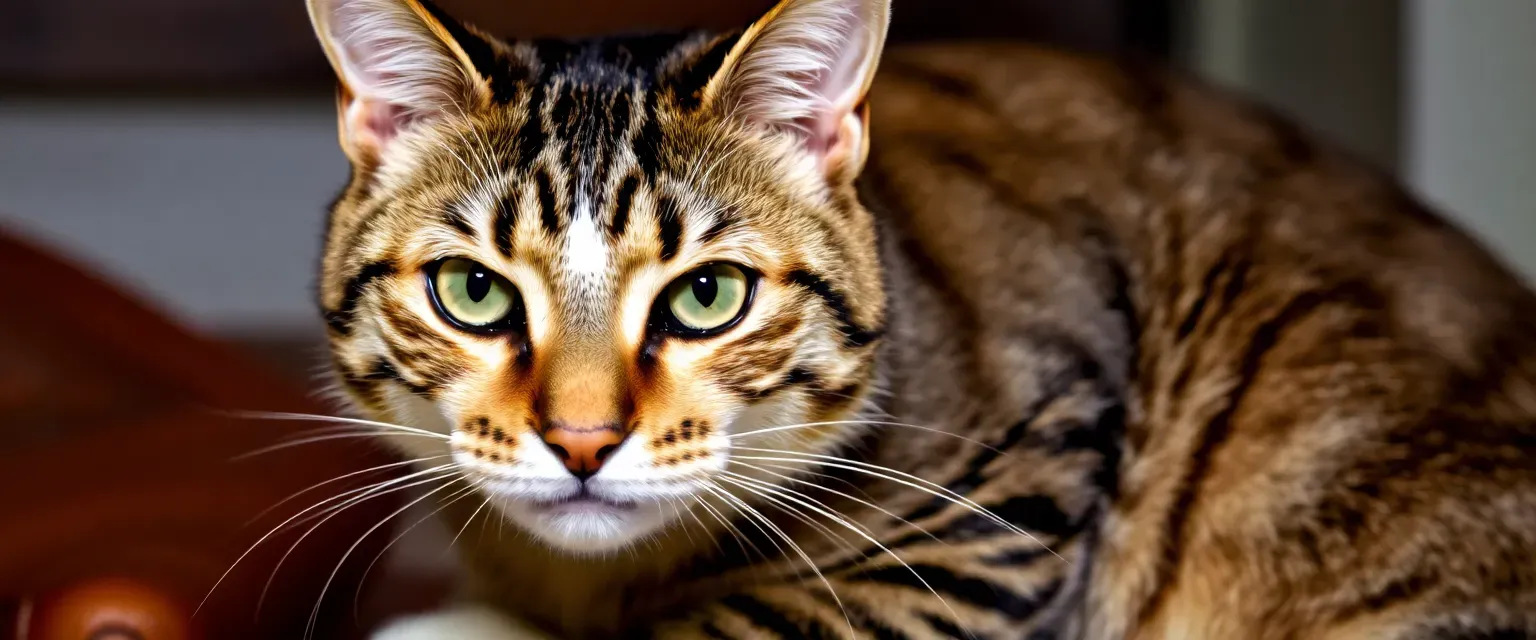 Brown tabby tomcat with darker stripes, icy blue eyes, white underpelt, paws, and tail tip, muscular with a scar on nose.