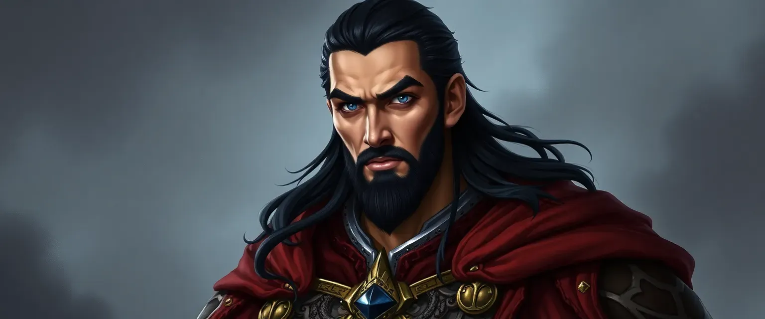 Tall, imposing man in his early 30s with piercing blue eyes and dark hair, wearing imperial garments.