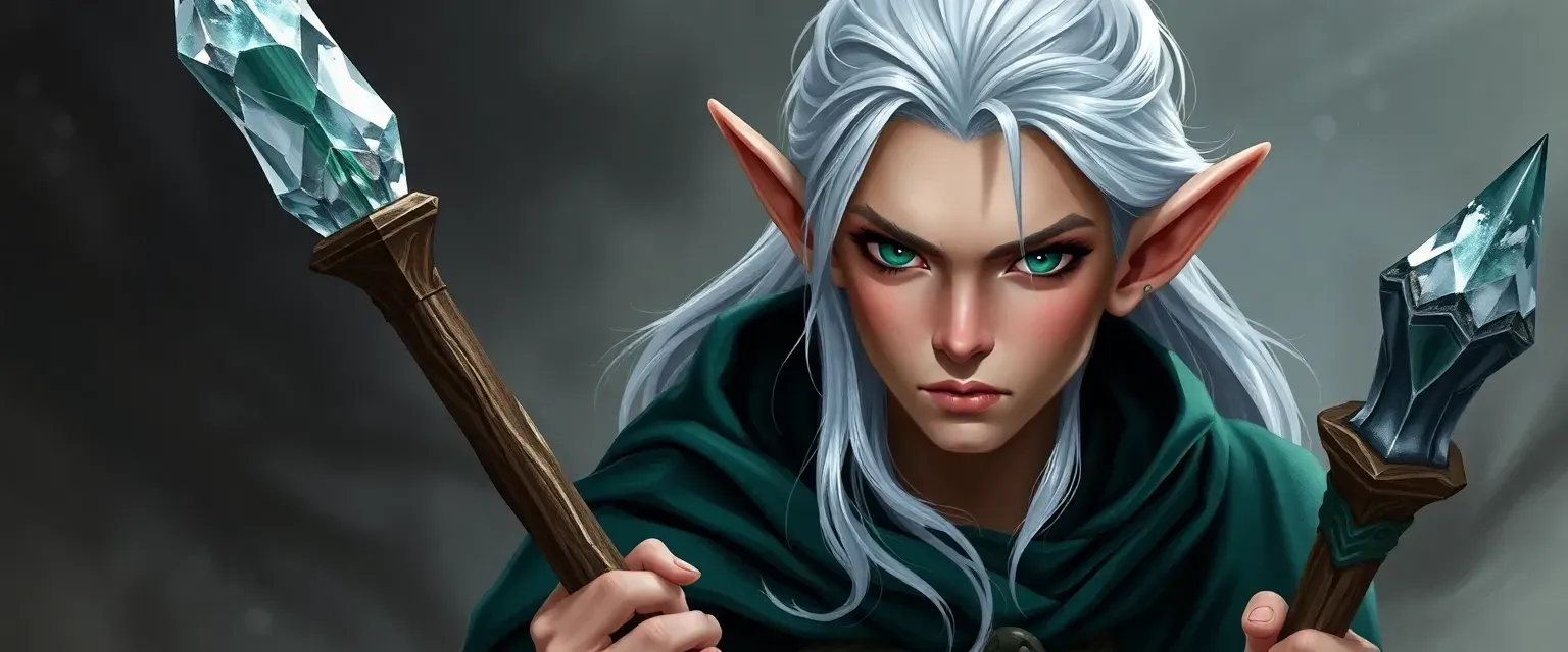 27-year-old elf wizard with silver hair and emerald eyes, wearing dark green robe with silver runes, carrying a crystal-topped staff.
