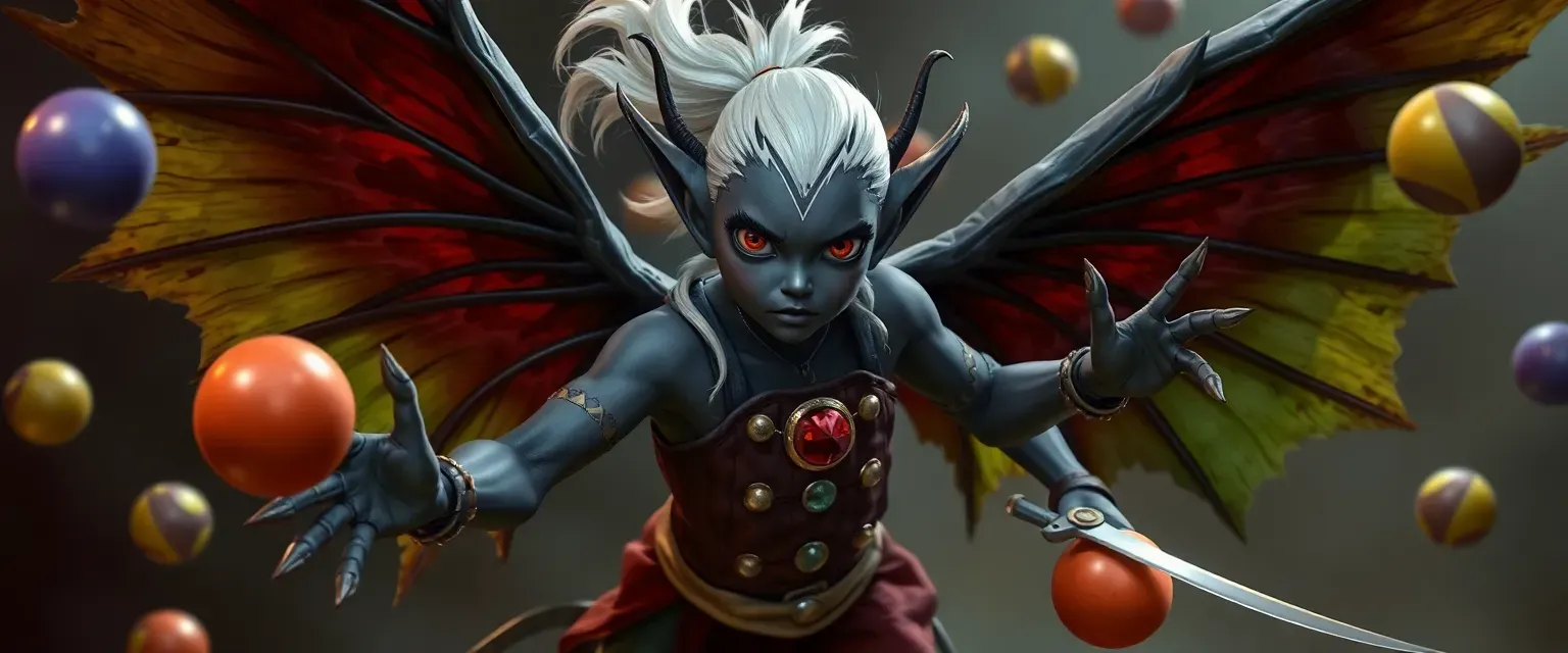 Charcoal grey skin, black eyes, white ponytail, bug-like clawed hands, multi-colored shifting wings, circus attire, juggling balls, short swords.