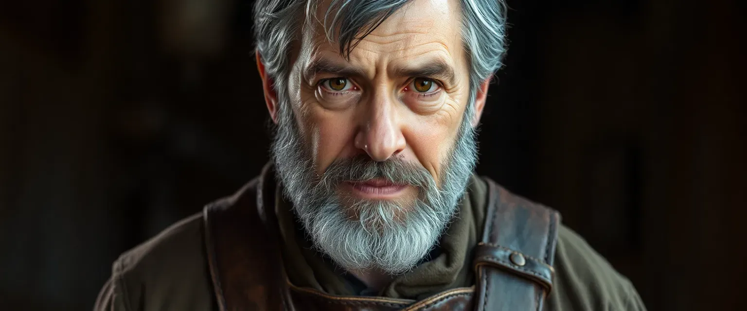 A man in his late forties with dark, greying hair and a weathered face, wearing a worn tunic and a stained leather apron.