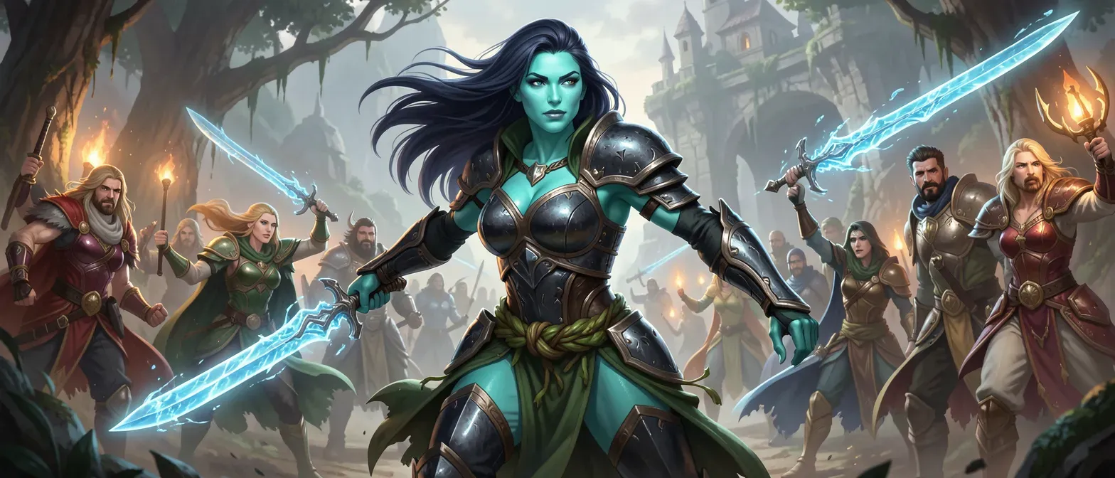Lithe 35-year-old woman with turquoise-sheened skin, flowing midnight hair, deep ocean eyes; wears sharkskin leather armor with kelp belt, wields shimmering water sword.