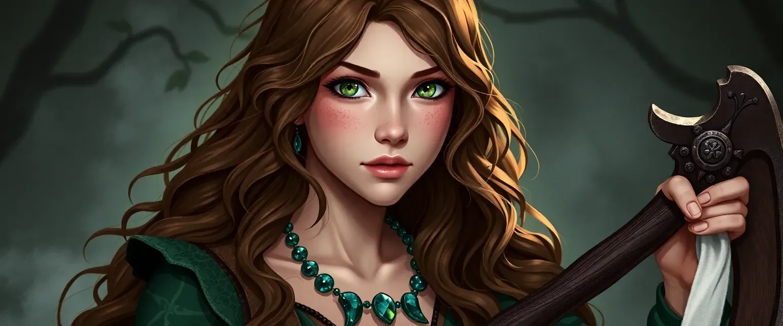 17-year-old Xanthi with long wavy brown hair, freckles, pale olive skin, wearing a green aventurine necklace and forestcore attire, wielding a scythe.