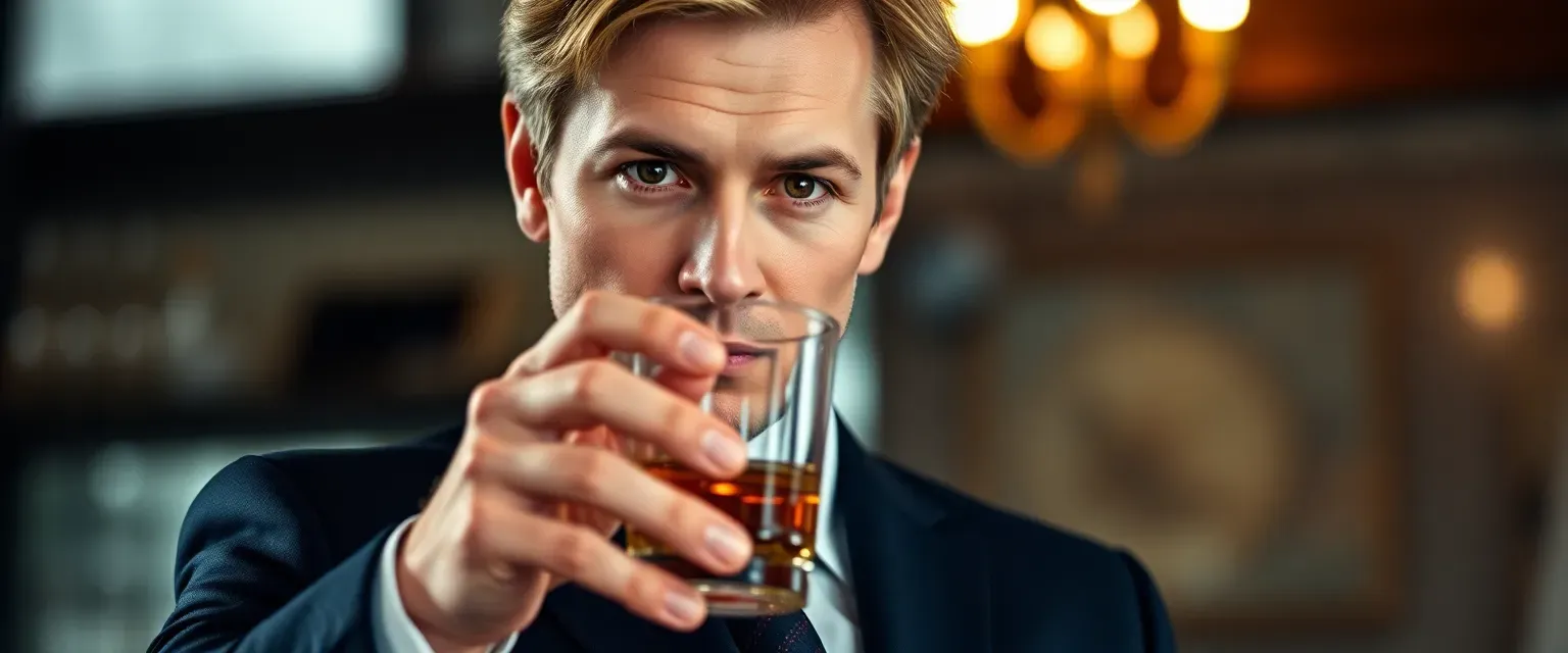 Mid-forties man with amber eyes and salt-and-pepper hair, wearing a dark suit, holding a glass of whiskey.