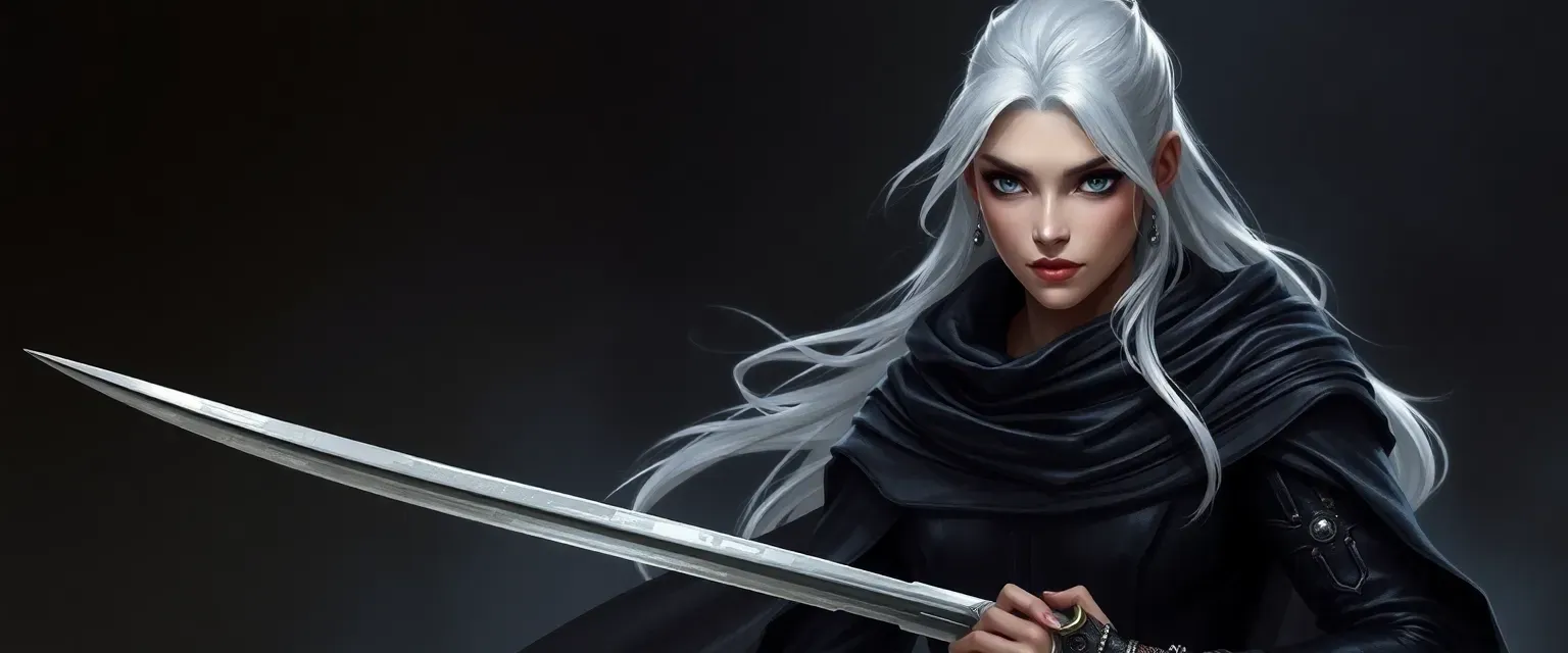 Pale-skinned Shadar-Kai with dark eyes and white hair, dressed in dark leather and flowing robes, armed with a rapier.