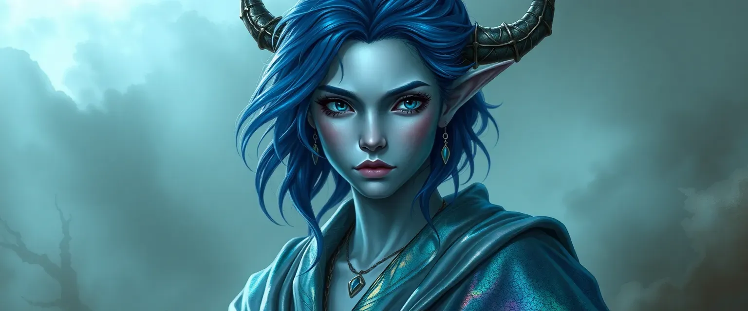Sixteen-year-old Joss Harlyn, a Lyrinthi with silver skin and midnight blue hair, wearing iridescent robes.