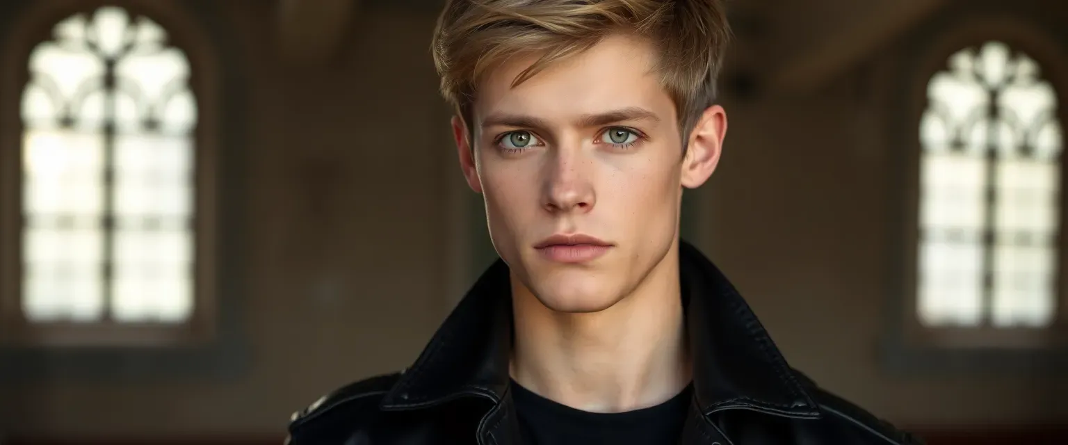 19-year-old Hunter Jameson, 6'0", with short light brown hair and dark green eyes, has a scar from cheekbone to eyebrow and light freckles. Wears black leather Leaders' attire.