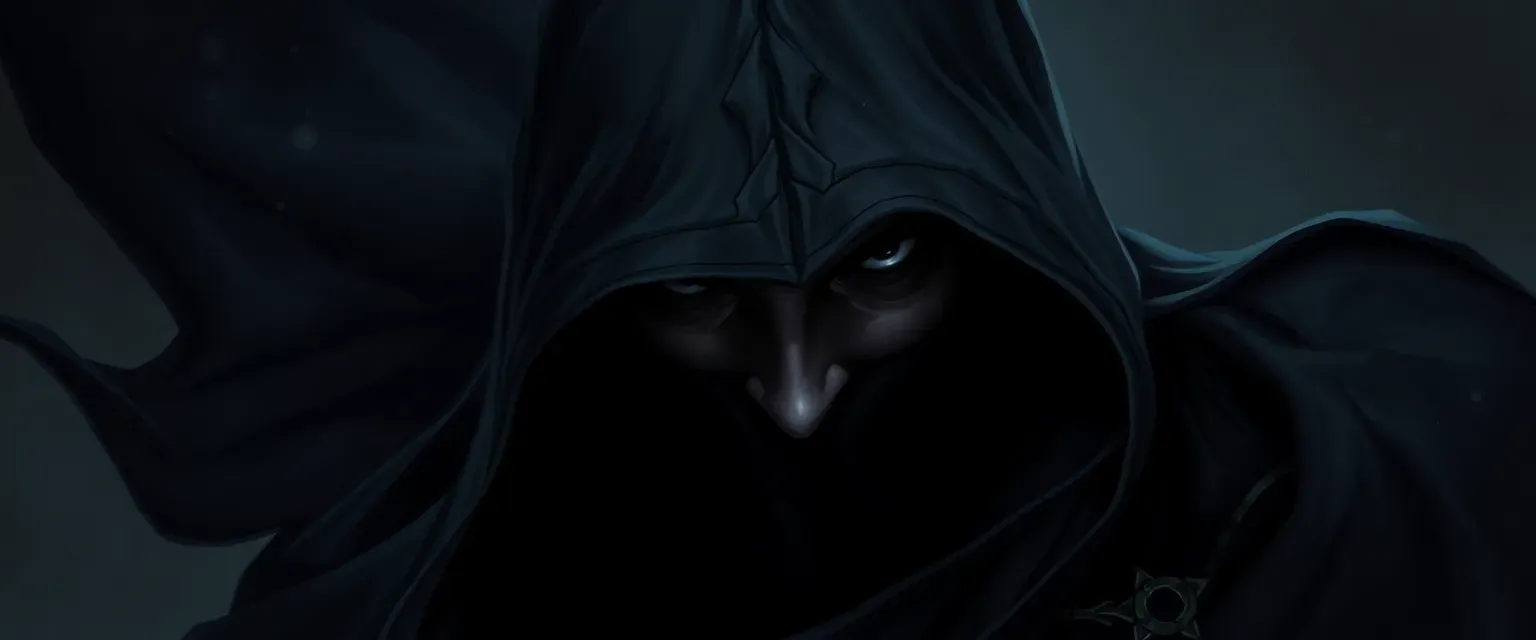 Enigmatic assassin in flowing ebony robes, face obscured, eyes cold and calculating.