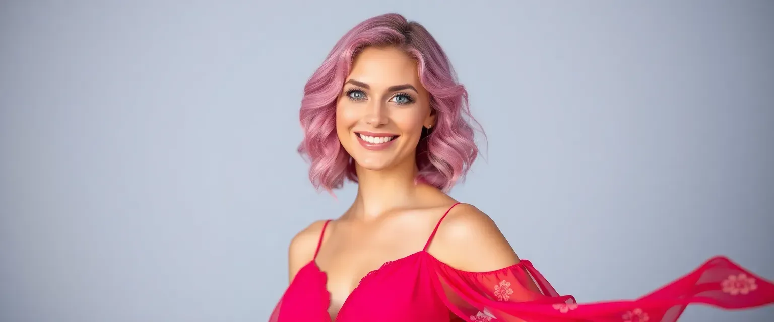 Late 20s woman with pink wavy hair, violet eyes, wearing a vibrant flowing dress, always smiling.