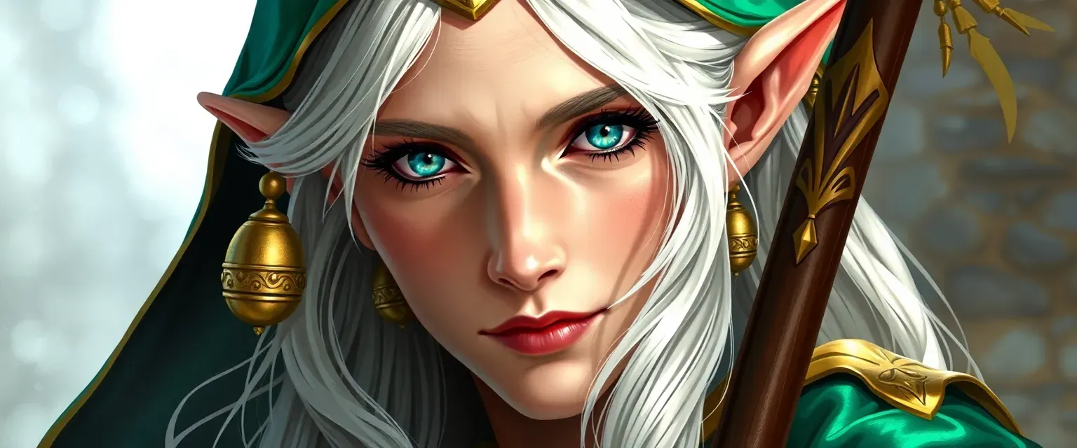 High elf bard, 150 years old, silver hair with bells, emerald and gold robes, sharp features, shimmering eyes.