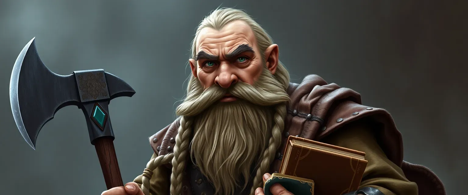 Middle-aged dwarf with a robust build, braided beard, deep-set eyes, carrying an axe and books.