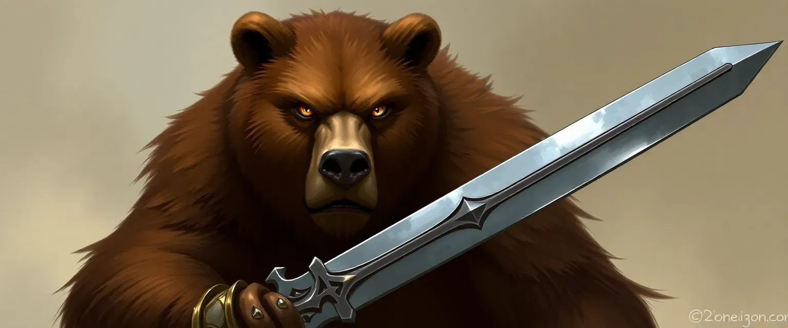 A towering bear with deep brown fur and amber eyes, wielding a large sword, dressed in warrior's garb.