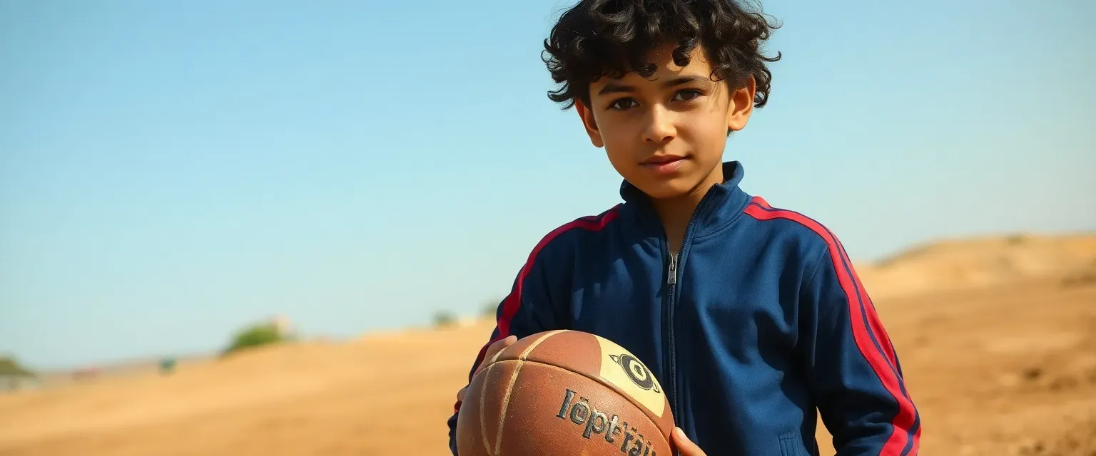 15-year-old Spanish boy with tanned skin, hazel eyes, dark curly hair, wearing a faded blue tracksuit and holding a worn football, standing on a dusty field.