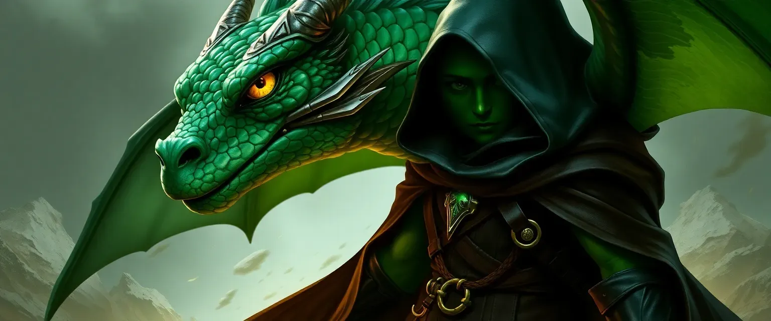 Emerald dragonborn rogue, green scales, yellow eyes, dark leather tunic, cloak, silent boots.