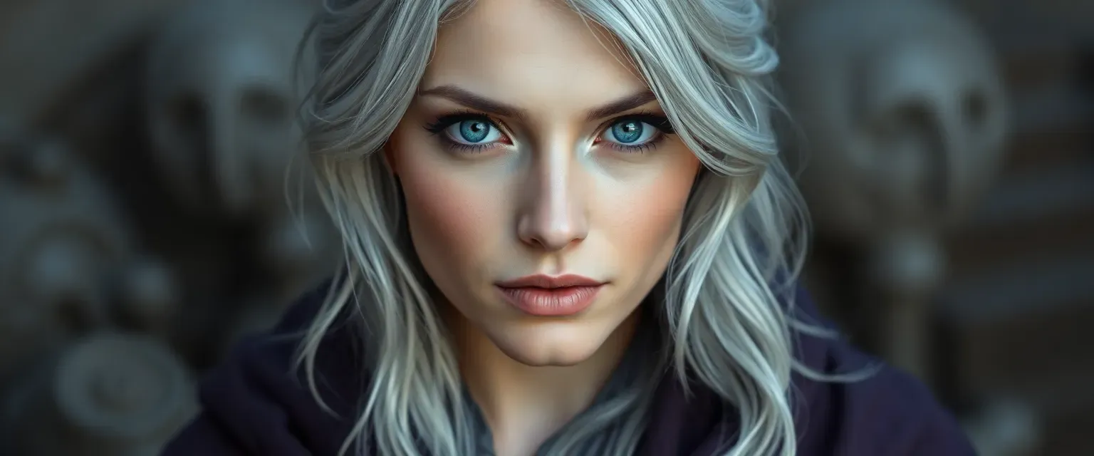 Mid-thirties woman with silver hair, azure eyes, wearing mood-changing robes.
