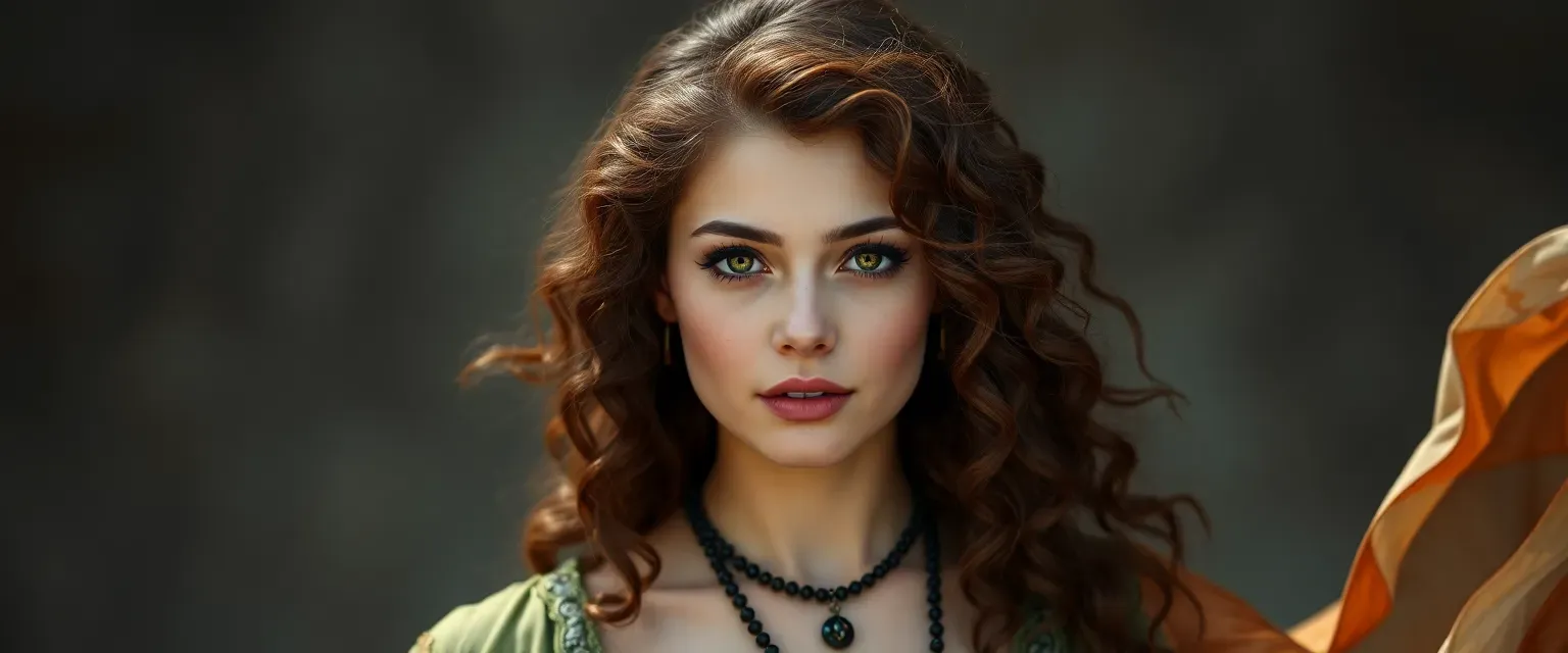 Late twenties woman with chestnut curls, hazel eyes, wearing flowing artistic garments.