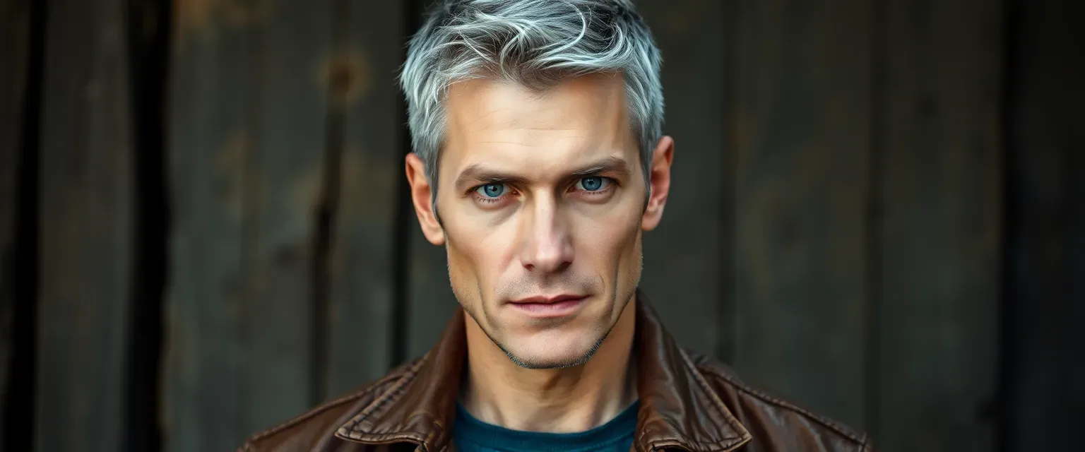 Late 30s man with short graying hair, piercing blue eyes, lean muscular build, wearing a worn leather jacket and jeans.