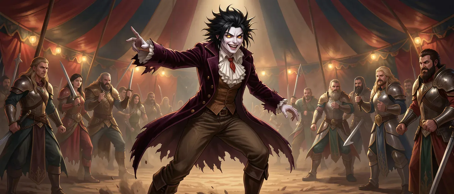 Pale, lithe 28-year-old female dhampir with amber eyes, jagged black hair, sly smile showing fangs; wears tattered velvet tailcoat, ruffled blouse, breeches, and boots in a dimly lit circus tent.