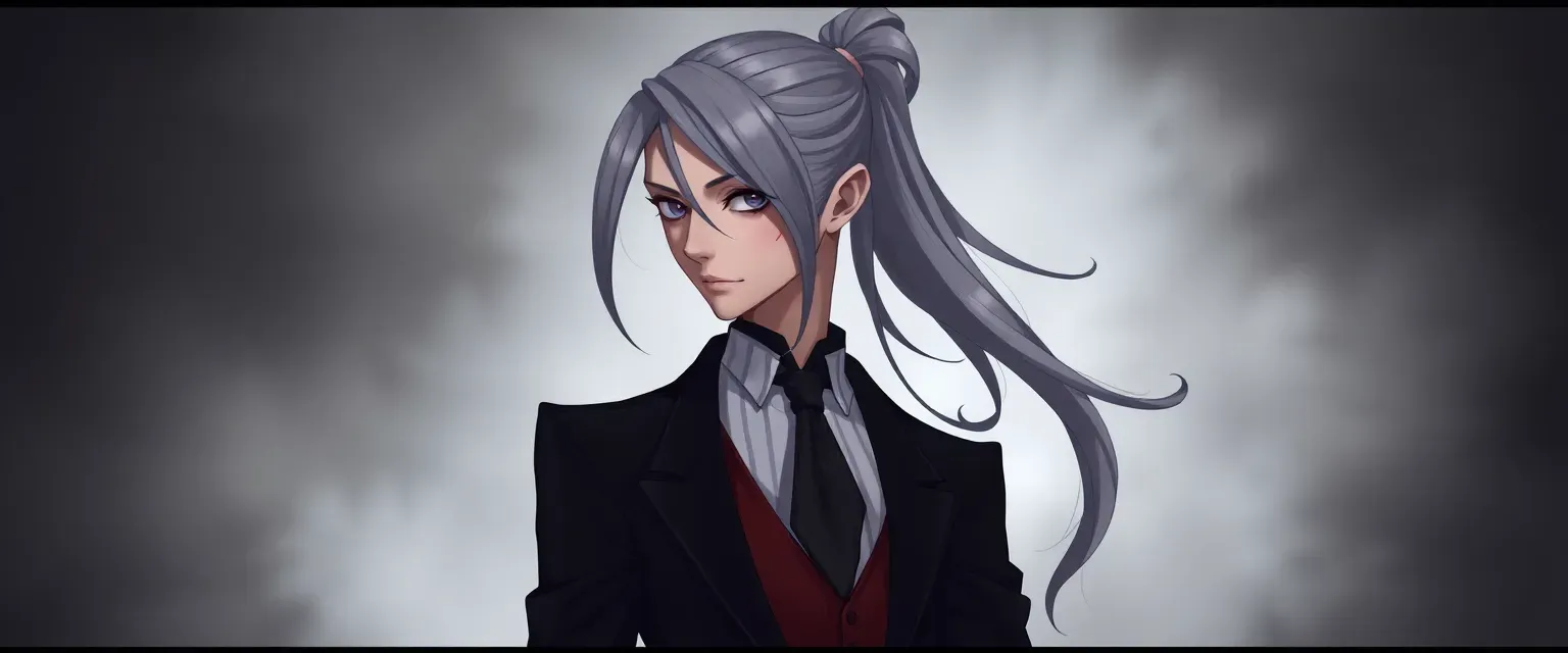 Slender butler with long grey hair in a ponytail, two sets of eyes, left side scarred, wearing a black suit with a red waistcoat and a crown of roses.